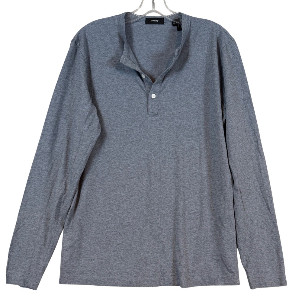 Theory Mens Essential Henley LS Relaxed Tee Heather Grey Cotton Shirt •M• Layer